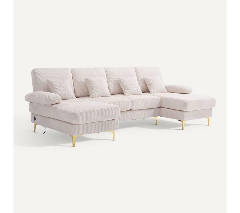 Canapé En U 265x135x88 Cm, Éclairage LED Et Port USB, Structure Bois, Pieds Doré, Velours Beige