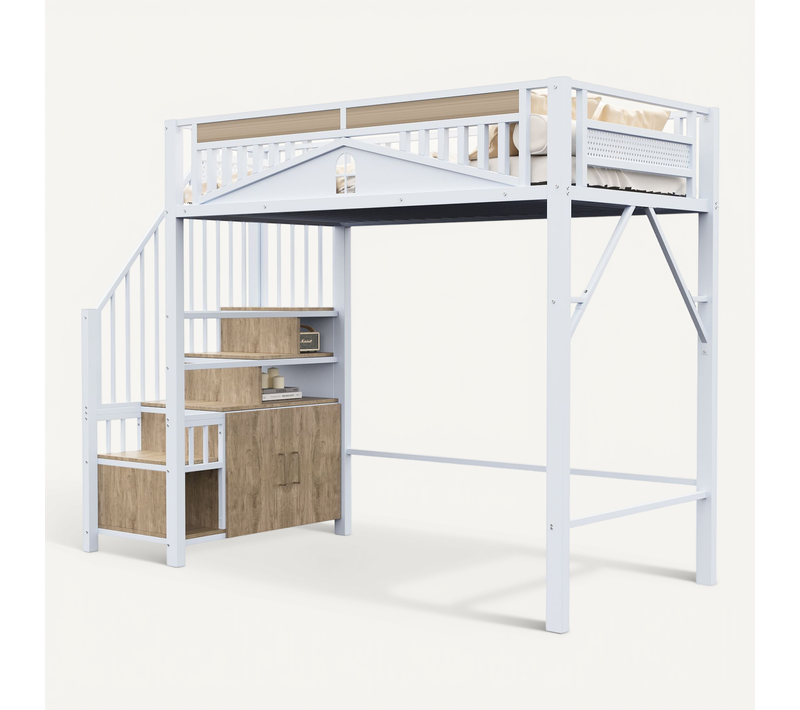 Lit Mezzanine 90x200 Cm Avec Motif Bois, Rangement Et Armoire, Métal, Contreplaqué, Mdf, Blanc