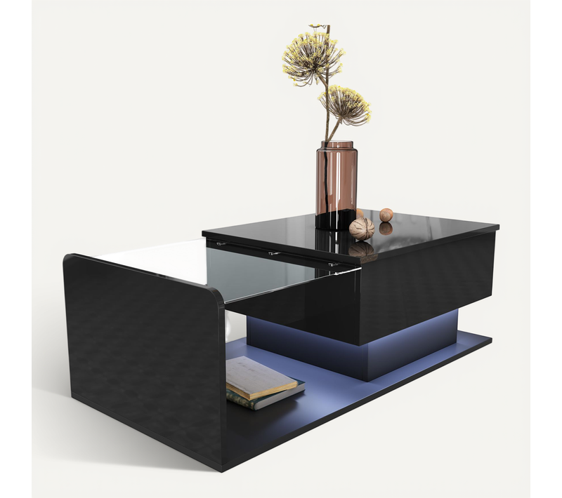 Table Basse 100x50x33/47,5 Cm, Plateau Verre Trempé, Panneau De Particules Laqué Uv, Noir