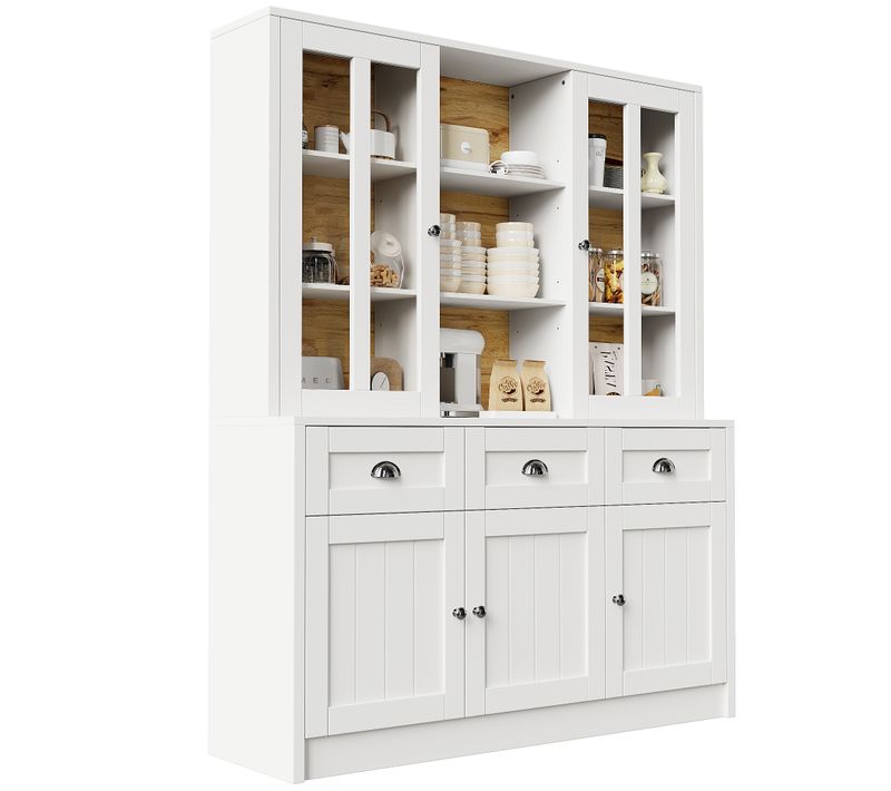 Buffet De Cuisine 140x40x175 Cm, 3 Tiroirs, 5 Portes, 3 Niches, Étagères, Mdf Et Acrylique, Blanc
