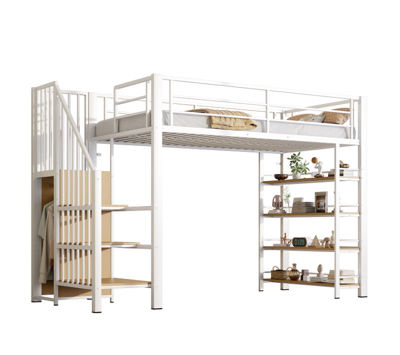 Lit Mezzanine 90x200, 1 Place, Avec Rangement, Avec Barrière De Sécurité, Fer+mdf, Blanc