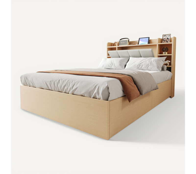 Lit Coffre 140x200 Cm, Rangement Hydraulique, Tête De Lit Avec USB, Mdf, Couleur Bois Naturel
