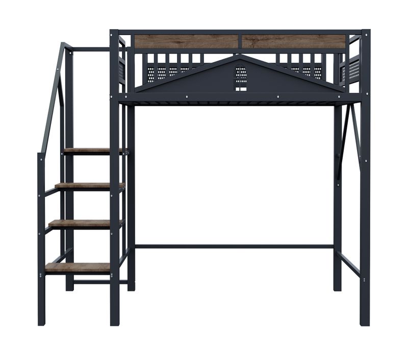 Lit Mezzanine 140x200cm, Lit Enfant, Avec Barrière De Sécurité, Métal+contreplaqué+mdf, Noir+bois