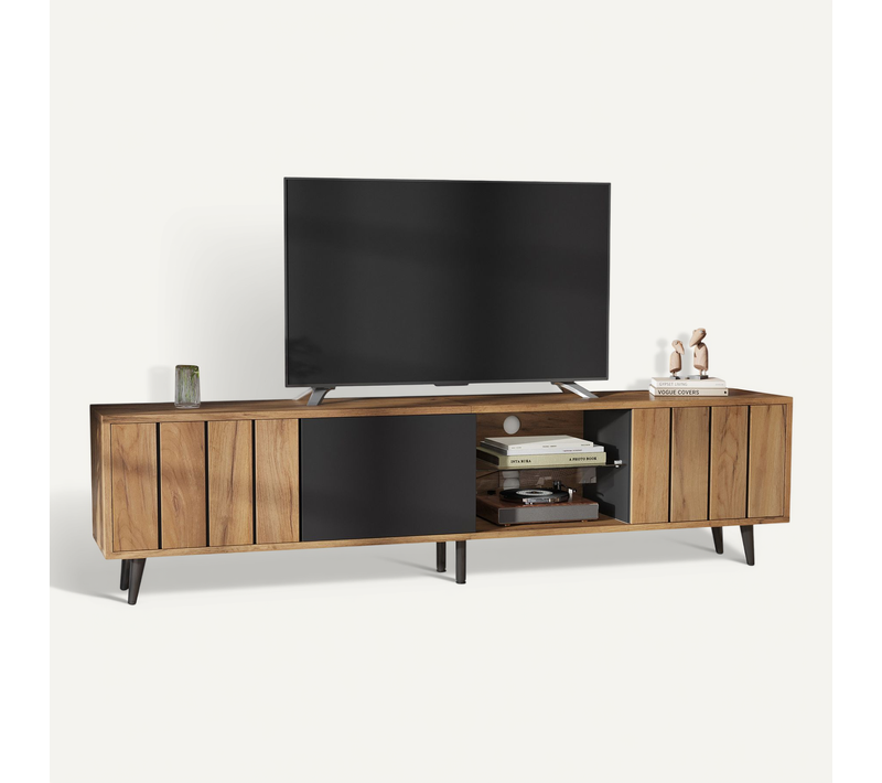 Meuble TV 175x31,5x45 Cm, TV 75 Pouces, 3 Portes, Verre Trempé, Panneau De Particules, Bois,noir