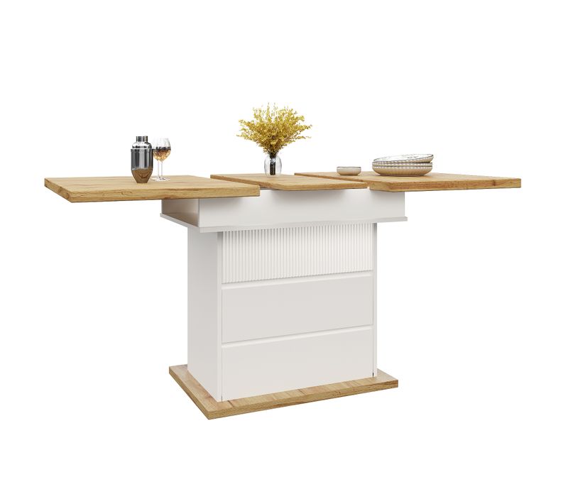 Table Extensible 110/140x80x75cm, Double Rallonge Avec Rangement Discret, 2 Tiroirs, Mdf, Blanc+bois