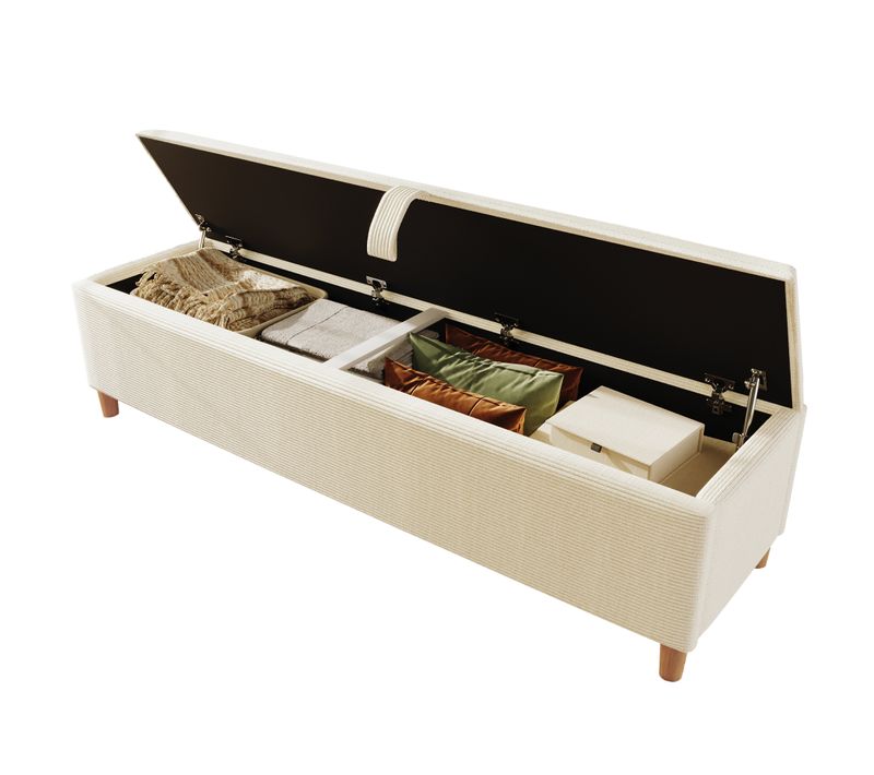 Banc Bout De Lit 175x38x46 Cm, Rangement Hydraulique, Assise En Velours Côtelé, Bois Et Mdf, Beige