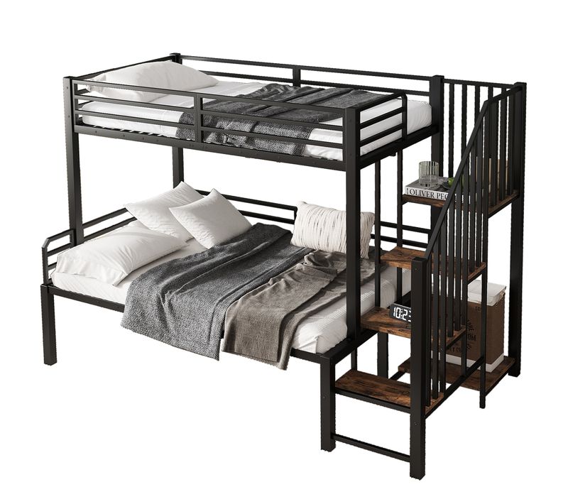 Lit Superposé 90/120x200 Cm Avec Motif Bois, Escalier Avec Rangement, Métal Et Mdf, Noir, Marron