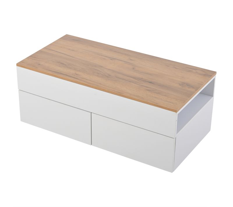 Table Basse Relevable 100x50x40 Cm, 2 Tiroirs Et Rangements, Panneaux De Particules, Blanc, Bois