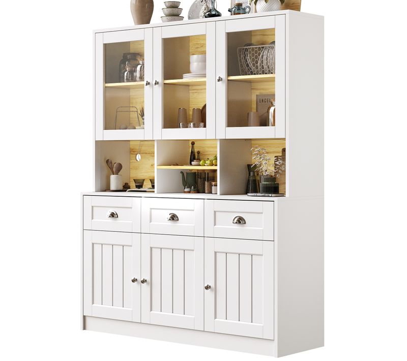 Haut Buffet De Cuisine 140x40x175 Cm, LED Multicolore, 3 Tiroirs, 6 Portes, 3 Niches, Mdf, Blanc