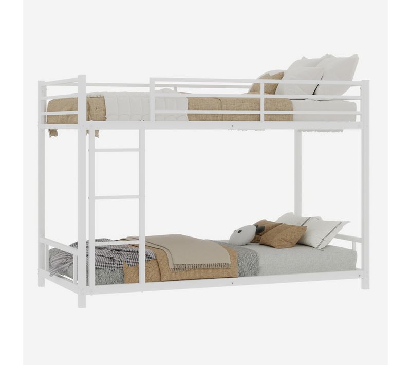 Lit Superposé 90x190cm, 2 Couchage, Profil Bas Avec Échelle Et Garde-corps, Métal, Anti-bruit, Blanc
