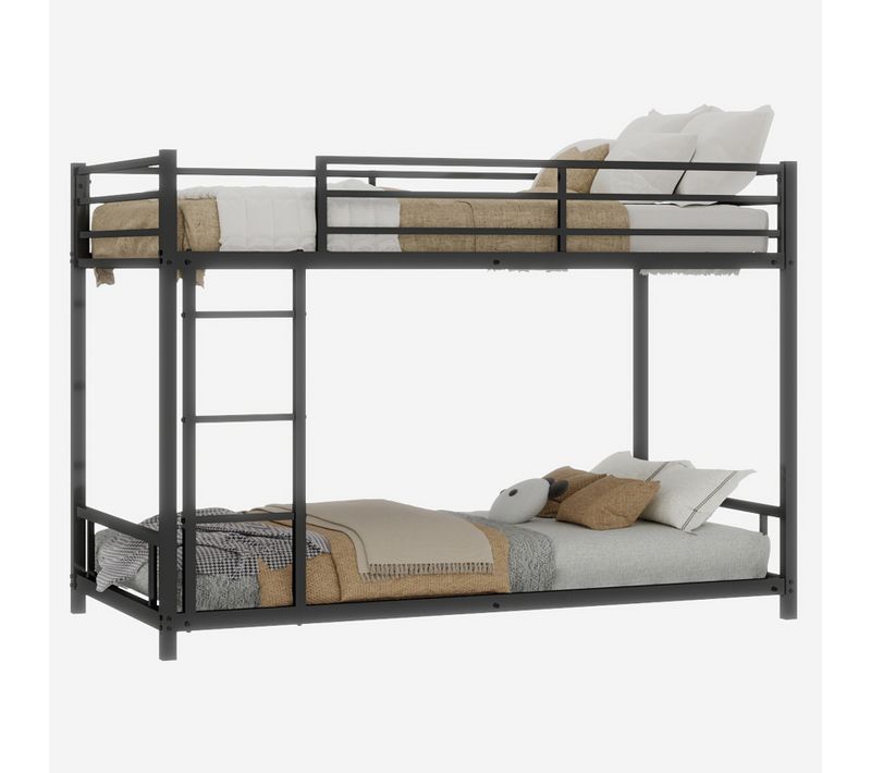 Lit Superposé 197x98x136 Cm, Profil Bas Gain De Place, Métal Noir, Garde-corps 13 Pouces Et Échelle