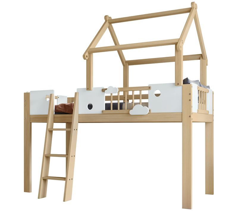 Lit Mezzanine Enfant 90x200 Cm, Toit Cabane Et Barrières De Sécurité, Pin, Mdf, Blanc Et Naturel