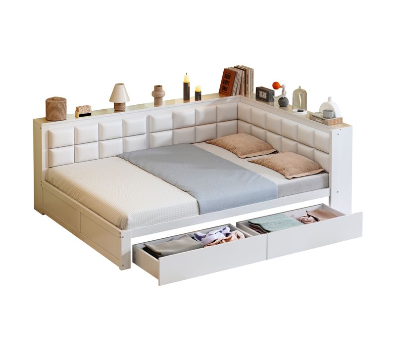 Lit Enfant  140x200 Cm, Dossier Confortable, 2 Tiroirs De Rangement, Bois, Blanc, Gain De Place