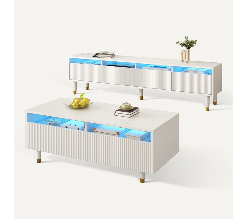 Meuble TV 178x35x45 Cm Et Table Basse 110x50x40 Cm, Éclairage LED 7 Couleurs, Mdf, Blanc Et Doré