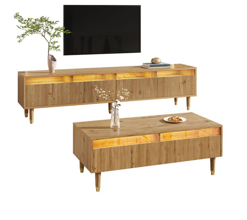 Ensemble Meuble TV 178x35x45 Et Table Basse 110x50x40 Cm, LED, 6 Tiroirs, Mdf, Couleur Bois