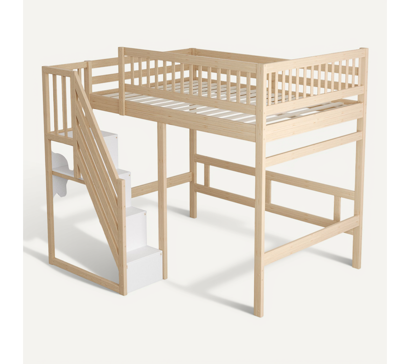 Lit Mezzanine140x200 Cm, Escalier Avec Rangements Intégrés, Bois, Couleur Naturelle
