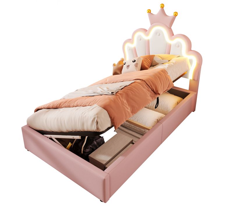 Lit Coffre Lit Princesse 90x200 Cm, Tête De Lit Réglable En Forme De Couronne à LED, Pu Rose