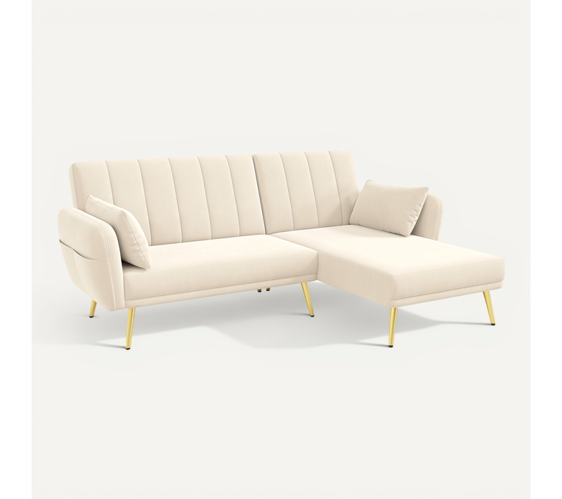 Canapé D'angle 191.5x130.5x80 Cm, Dossier Convertible 3 Réglages, Métal Et Bois, Velours, Beige+doré