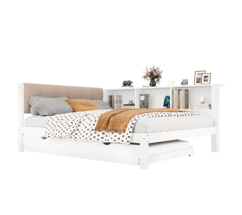 Lit Gigogne 140x200+90x190 Cm, LED Dimmable Et Prise USB, 3 Niches Latérales, Pin Et Mdf, Blanc