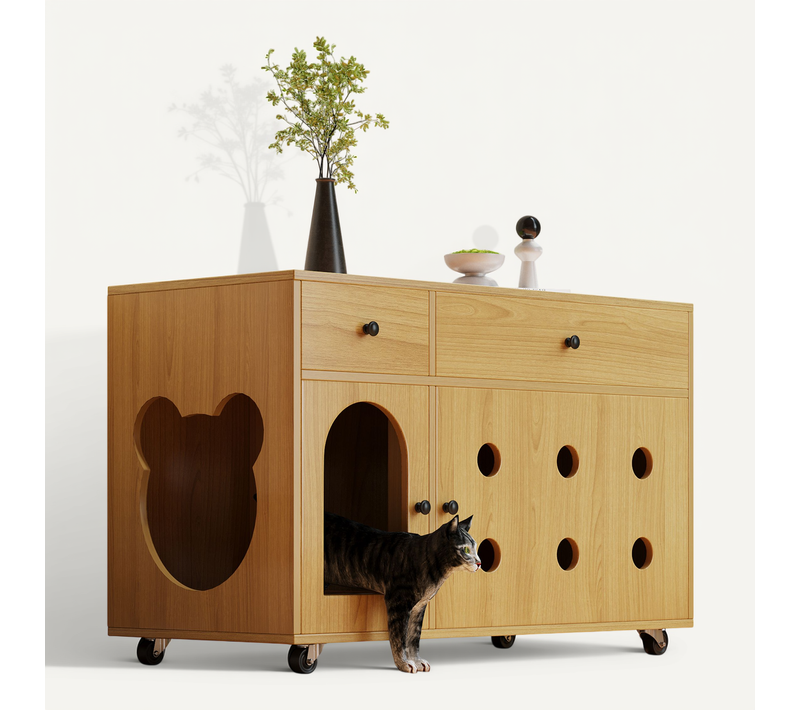 Meuble à Litière Chat 100x45x66 Cm, Roulettes Et 2 Tiroirs, Mdf, Couleur Bois Naturel
