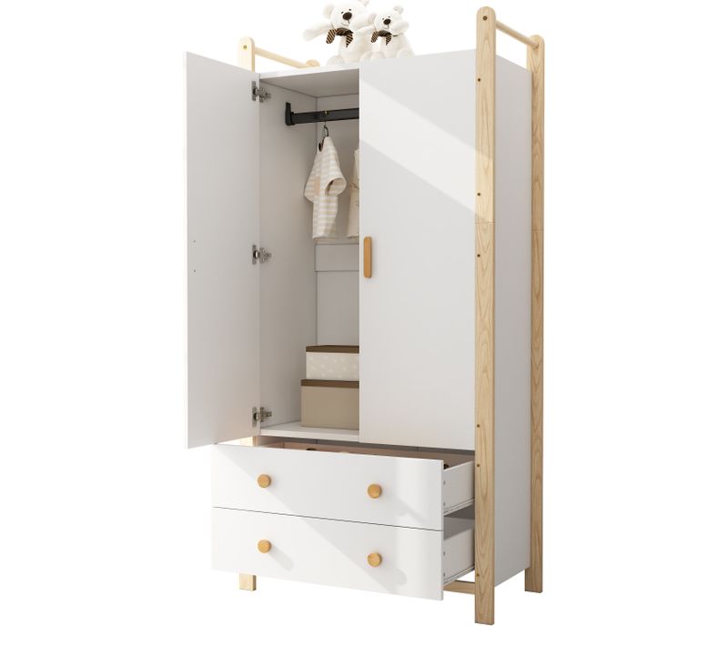 Armoire 2 Portes 89.6x44x180.5 Cm, Penderie Avec Tiroirs, Mdf Et Bois, Blanc Et Naturel