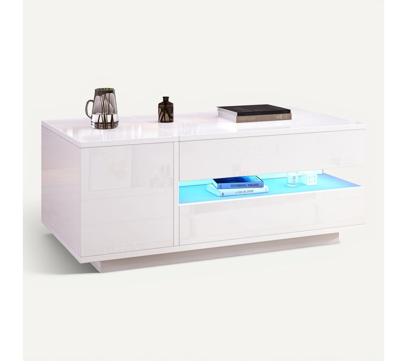 Table Basse Relevable Moderne 95x50x40/ 54,5 Cm, LED, Rangement, Panneau De Particules Blanc