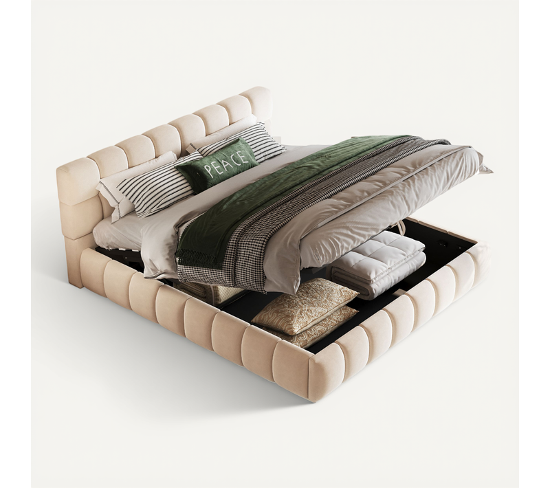 Lit Coffre 140x190 Cm, Lit Double, Rangement Caché, Velours, Couleur Beige, Cadre Bois, Mdf