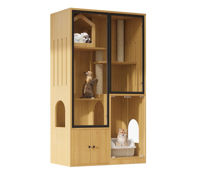 Maison Pour Chat 90x50x160 Cm, Porte En Verre Trempé Et Rangements, Mdf, Verre, Couleur Bois+noir