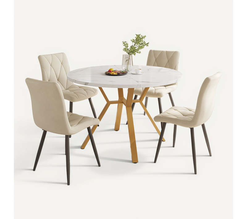 Ensemble Table Ronde 100 Cm, 4 Chaises Velours, Mdf Motif Marbre, Pieds Métal Doré, Blanc Et Or