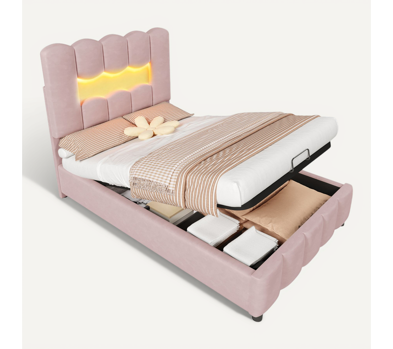 Lit Coffre Lit Simple 90x200 Cm Avec Tête De Lit Réglable à Éclairage LED, Velours Rose