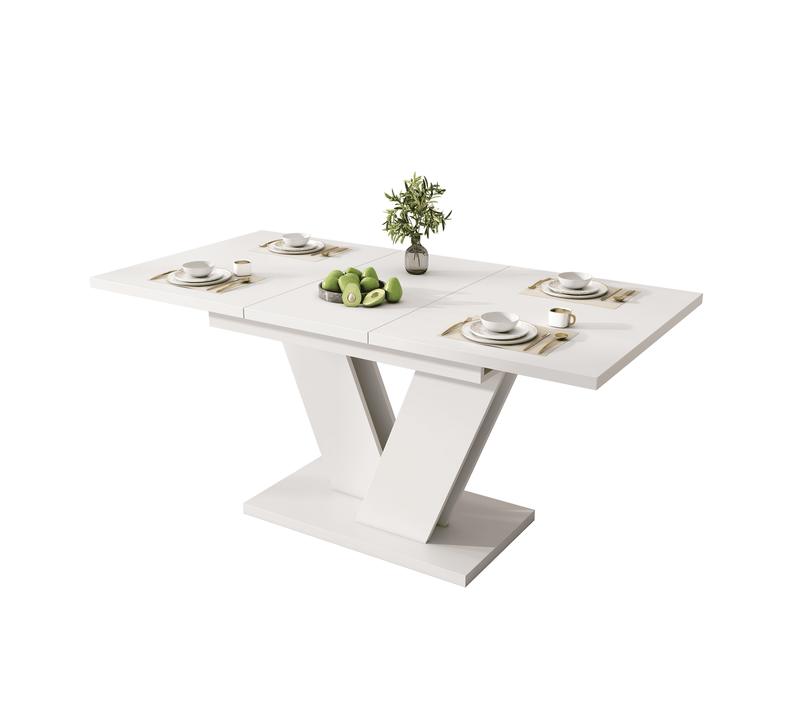 Table Extensible 120/160x80x75.5 Cm, Pour 4 à 8 Personnes, Plateau Mdf Blanc, Pieds En V Métal