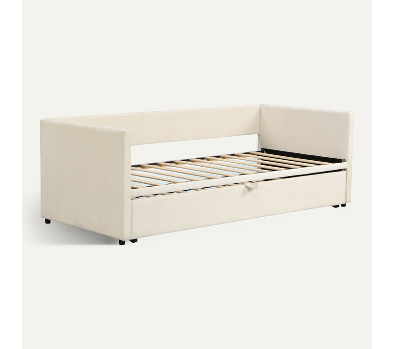Lit Simple Extensible 90x200/180x200 Cm Avec Lit Gigogne Moderne, Canapé-lit, Mdf, Velours Beige
