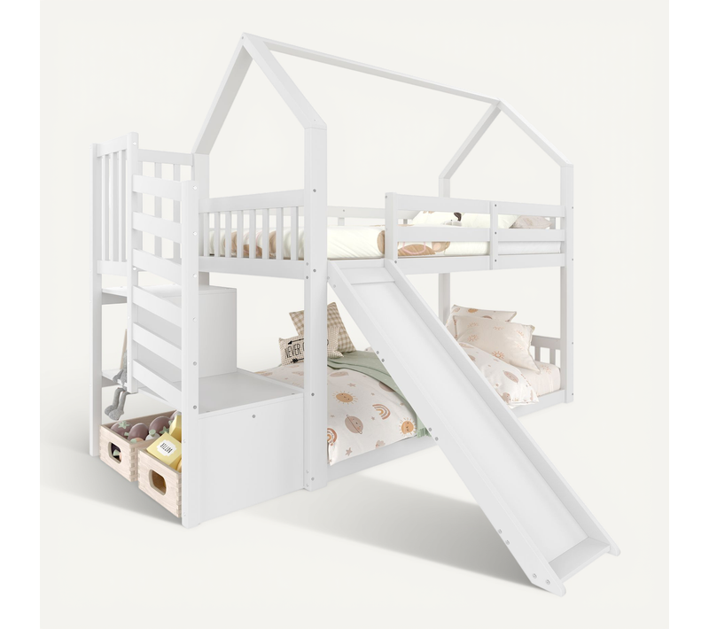 Lit Superposé 90x200cm, 1 Couchage, Toboggan, Escalier De Rangement, Design Cabane, Bois, Blanc