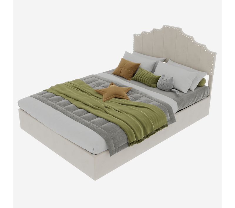 Lit Coffre 140x200 Cm, Tête Géométrique, Coffre Avec Vérin Pneumatique, Tissu Et Métal, Beige