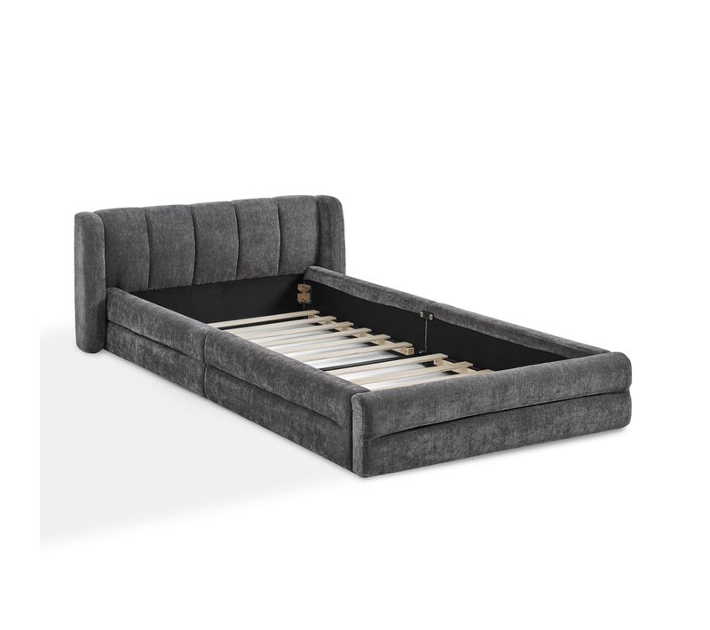 Lit Simple Moderne 90x200 Cm, Lit Enfant, Design Minimaliste, Cadre En Métal, Chenille Gris Foncé