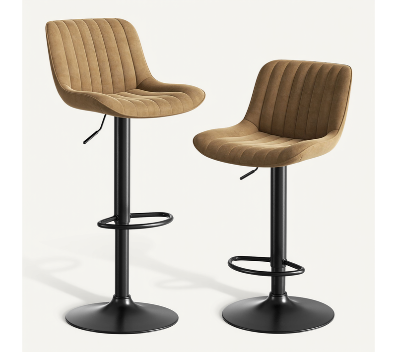 Lot De 2 Tabourets De Bar Pivotants, Hauteur 87 à 109 Cm, Velours, Métal Et Bois, Marron