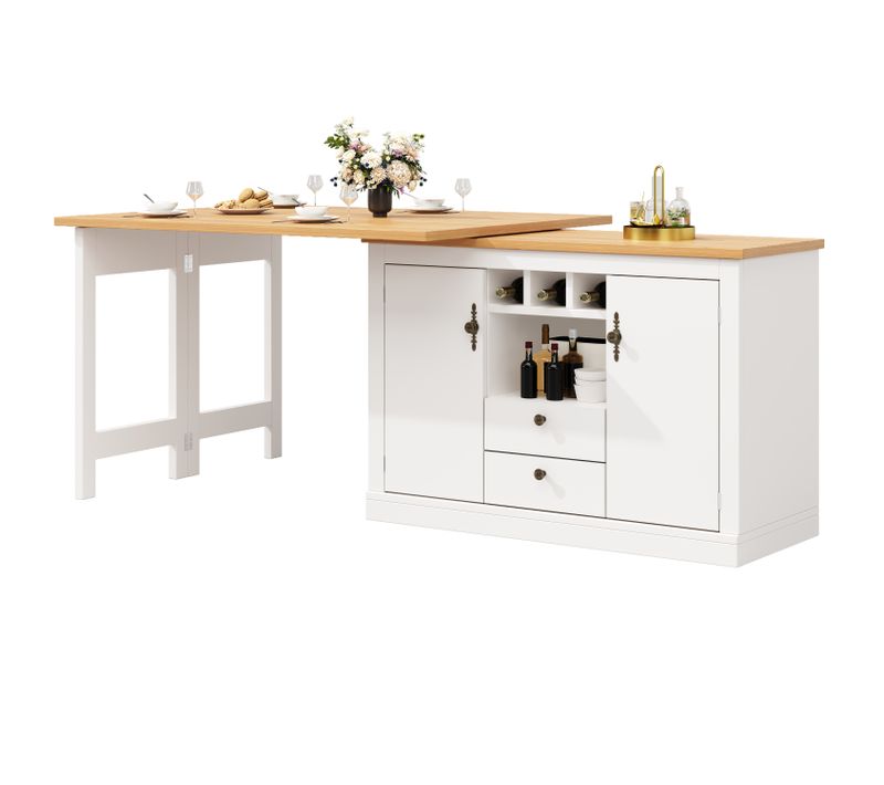 Table Bar Extensible 120-180x40x76 Cm, Système Coulissant Multifonction, 2 Tiroirs, Mdf, Blanc+bois