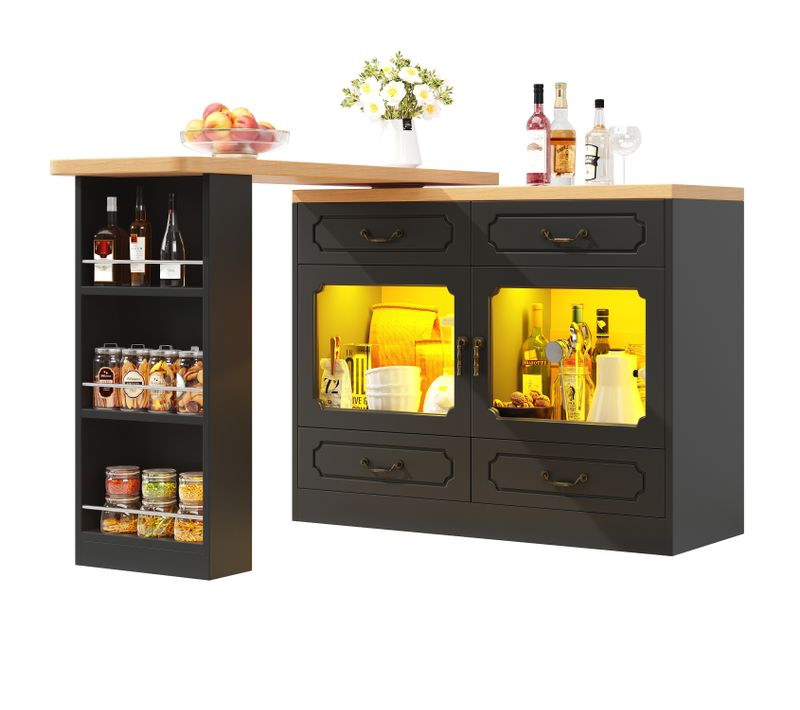 Table Extensible De Bar 135-203x39x92,8cm, Rotation 360°, Éclairage LED, 4 Tiroirs, Mdf, Noir