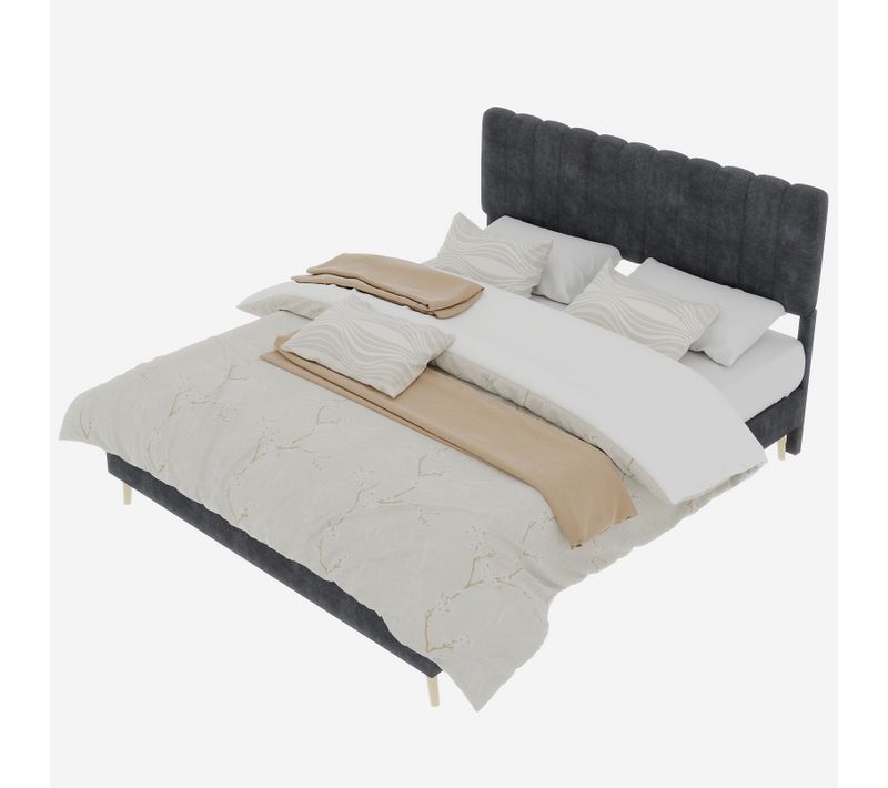 Lit Adulte 140x200 Cm, Design Minimaliste, Tête De Lit En Velours, Structure En Bois Et Métal, Gris