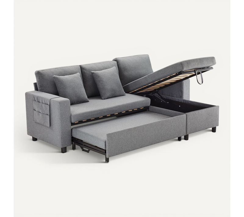 Canapé D'angle Convertible 219.5x75x83 Cm, Chaiselongue Réversible Avec Rangement, Lin, Gris Foncé