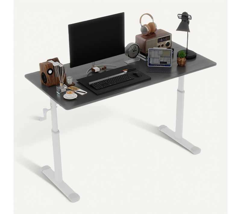 Bureau Réglable 120x60x60-90 Cm, Manivelle Assis Ou Debout, Double Colonne, Métal, Bois, Gris+blanc
