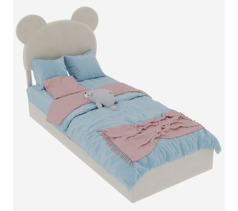 Lit Coffre 90x200 Cm, Tête Dessin Animé Ludique Design Enfant Et Coffre à Vérins, Tissu Beige, Métal