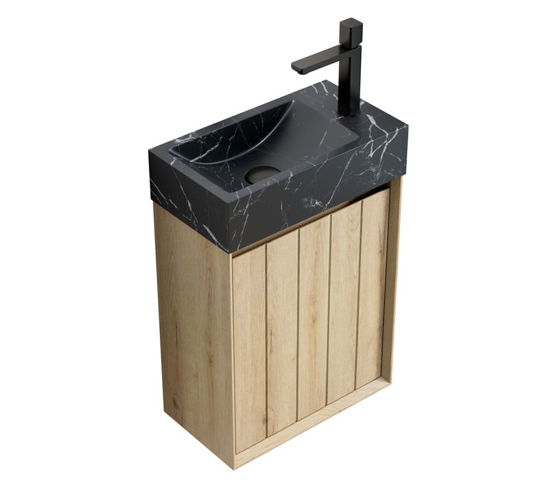 Meuble Vasque Mural 40x22x58cm, Motif Marbre, Contreplaqué, Porte En Bois, Couleur Bois+noir