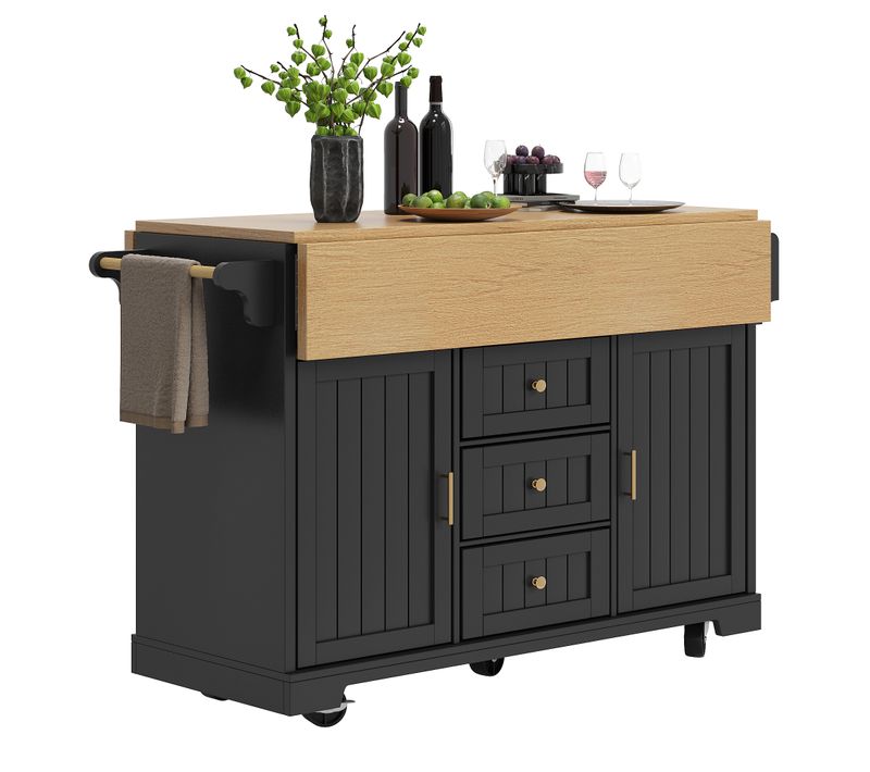 Îlot De Cuisine 142.5x40-80x95 Cm, Plateau Rabattable Double Face, 3 Tiroirs, Mdf, Métal, Noir+bois