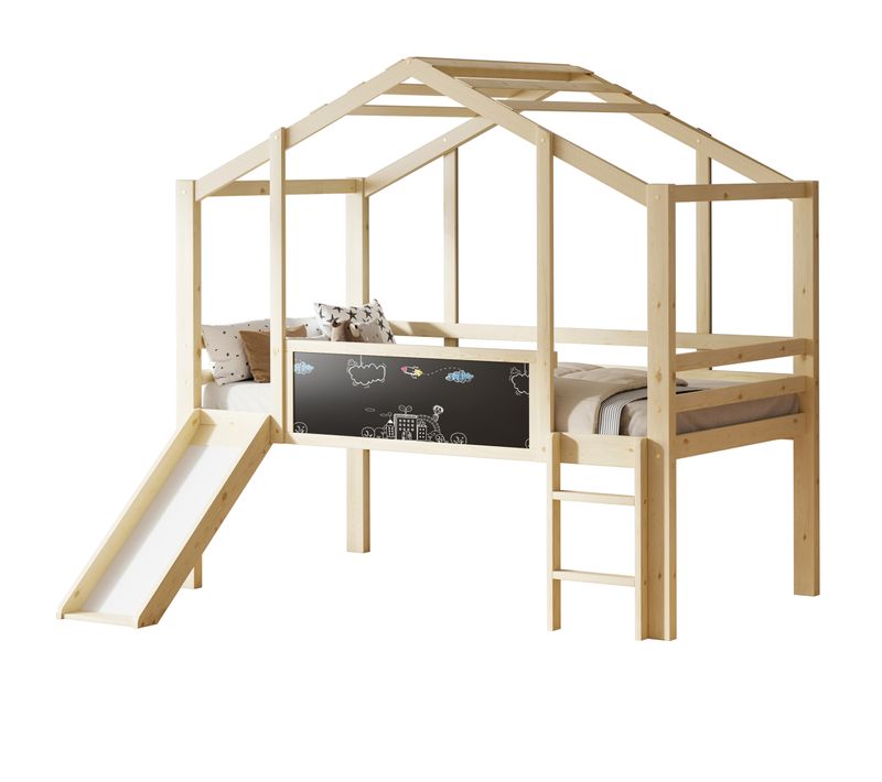 Lit Mi-haut Enfant 90x200 Cm Avec Échelle, Toboggan, Tableau Blanc, Lit Cabane, Bois, Naturel
