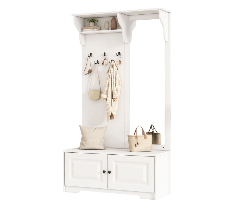 Vestiaire 100 X 40 X 180cm, Miroir, Banc à Chaussures, 5 Patères, 2 Placards,  Mdf, Blanc
