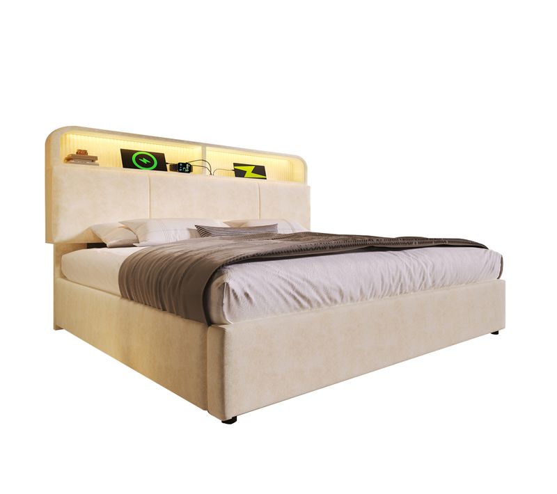 Lit Coffre 180x200 Cm, Lit Adulte, 2 Niches, LED, Tête De Lit Réglable, Rangement, Velours Beige