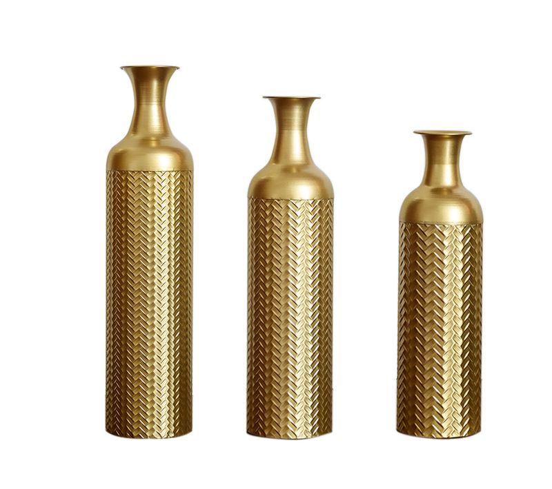 Lot De 3 Vases Au Sol 83.01/65.99/50.01 Cm, Forme Galbée Base Stable, Motif Structuré, Métal, Doré