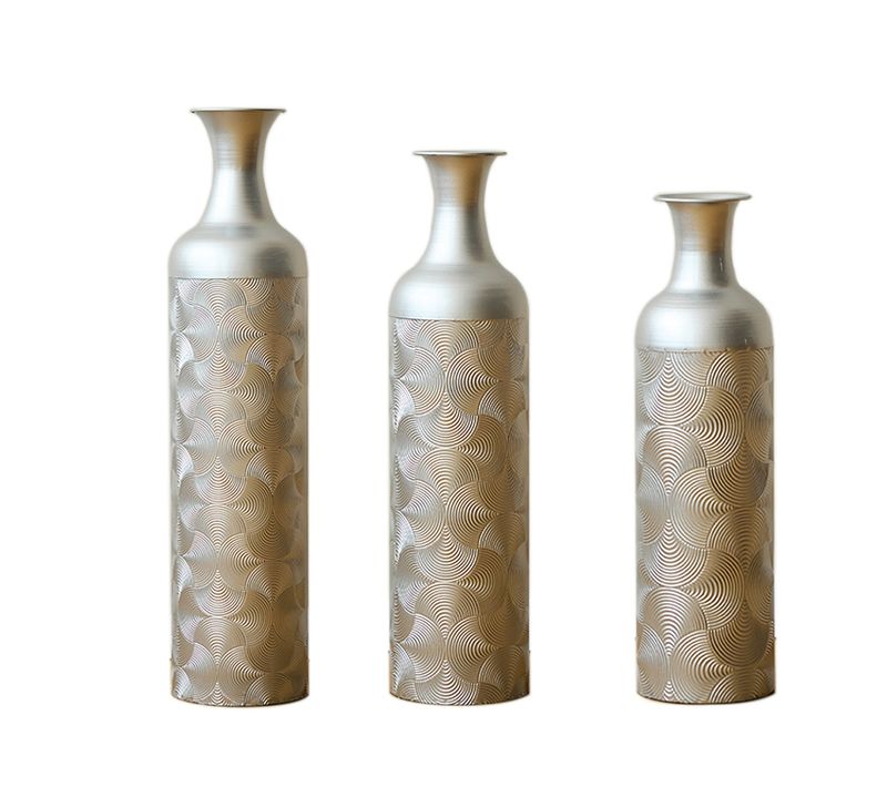 Lot De 3 Vases De Sol  83.01/65.99/50.01 Cm, Motif Ondulé Profond, Design Moderne, Métal Argenté