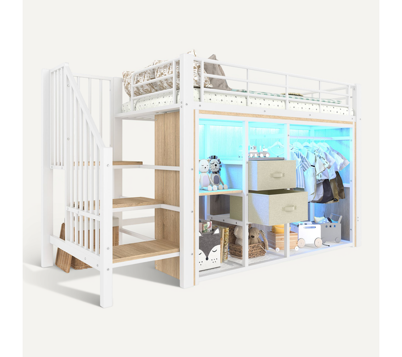 Lit Mezzanine 90x200 Cm, Lit Simple, 2 Tiroirs, Armoire Ouverte, Métal Et Mdf, Blanc